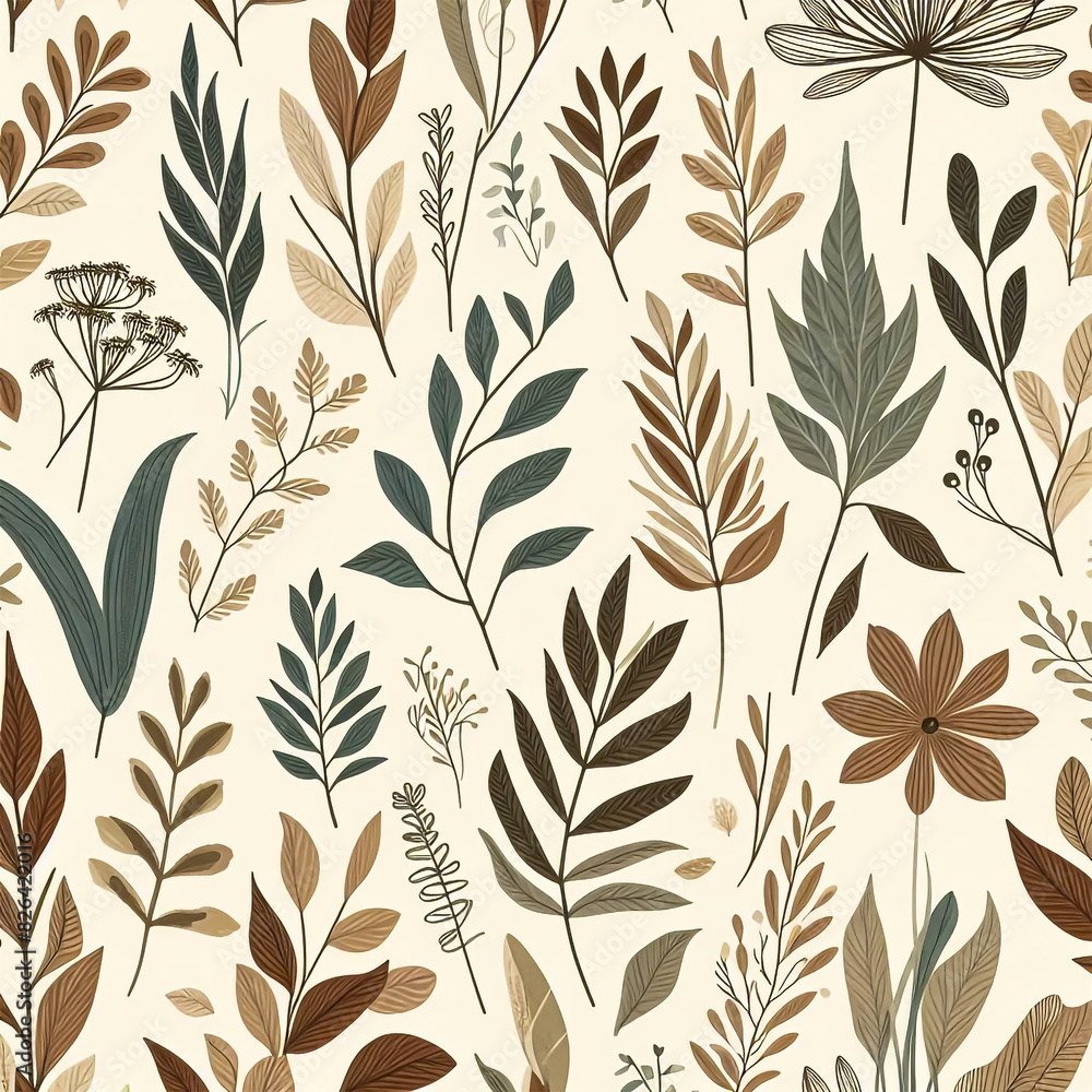 Seamless Hand-Drawn Botanical Pattern with Flowers and Leaves in Earthy Tones on Beige Background Seamless Hand-Drawn Botanical Pattern with Flowers and Leaves in Earthy Tones on Beige Background