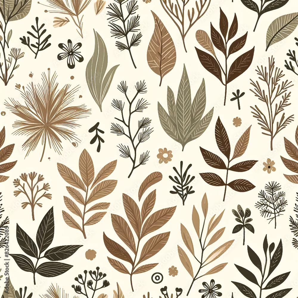 Seamless Hand-Drawn Botanical Pattern with Flowers and Leaves in Earthy Tones on Beige Background Seamless Hand-Drawn Botanical Pattern with Flowers and Leaves in Earthy Tones on Beige Background