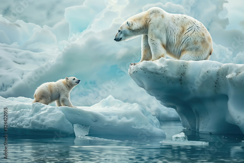 A polar bear and its cub sitting on a small iceberg in the middle of the ocean.