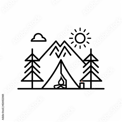 A black and white drawing of a camping icon with a tent and fire.