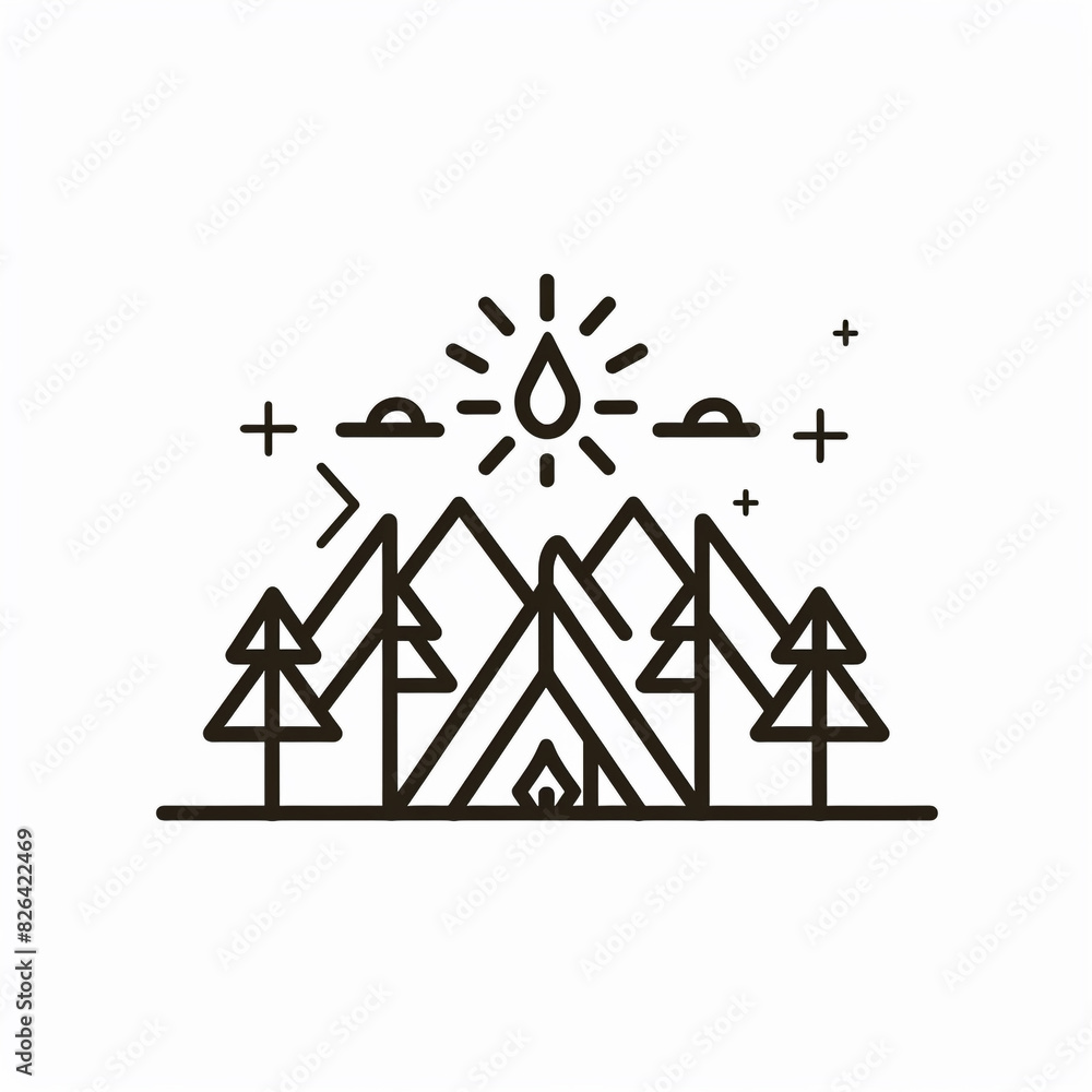 A black and white drawing of a camping icon with a tent and fire. A black and white drawing of a camping icon with a tent and fire.