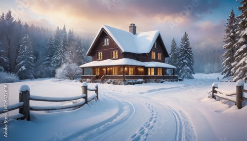 A picturesque winter cabin warmly lit, nestled in a snowy landscape surrounded by frosty trees under a sunset sky.