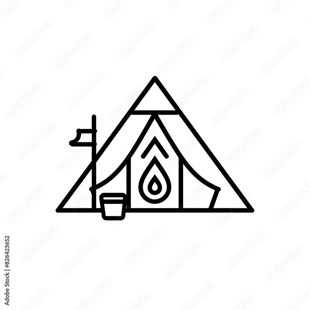 A black and white drawing of a camping icon with a tent and fire. A black and white drawing of a camping icon with a tent and fire.