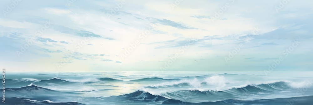 Seascape Painting With Gentle Waves Under Blue Sky. Calm Ocean In Brush Strokes