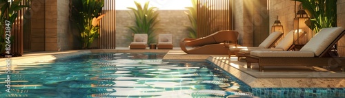 Spa hotel with a tranquil pool, lounge chairs, and a serene environment, relaxing and rejuvenating ambiance, ideal for wellness and leisure themes, isolated background.