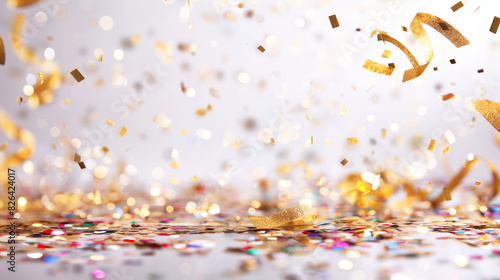 A festive scene with confetti and ribbons floating in the air against a blurred background photo
