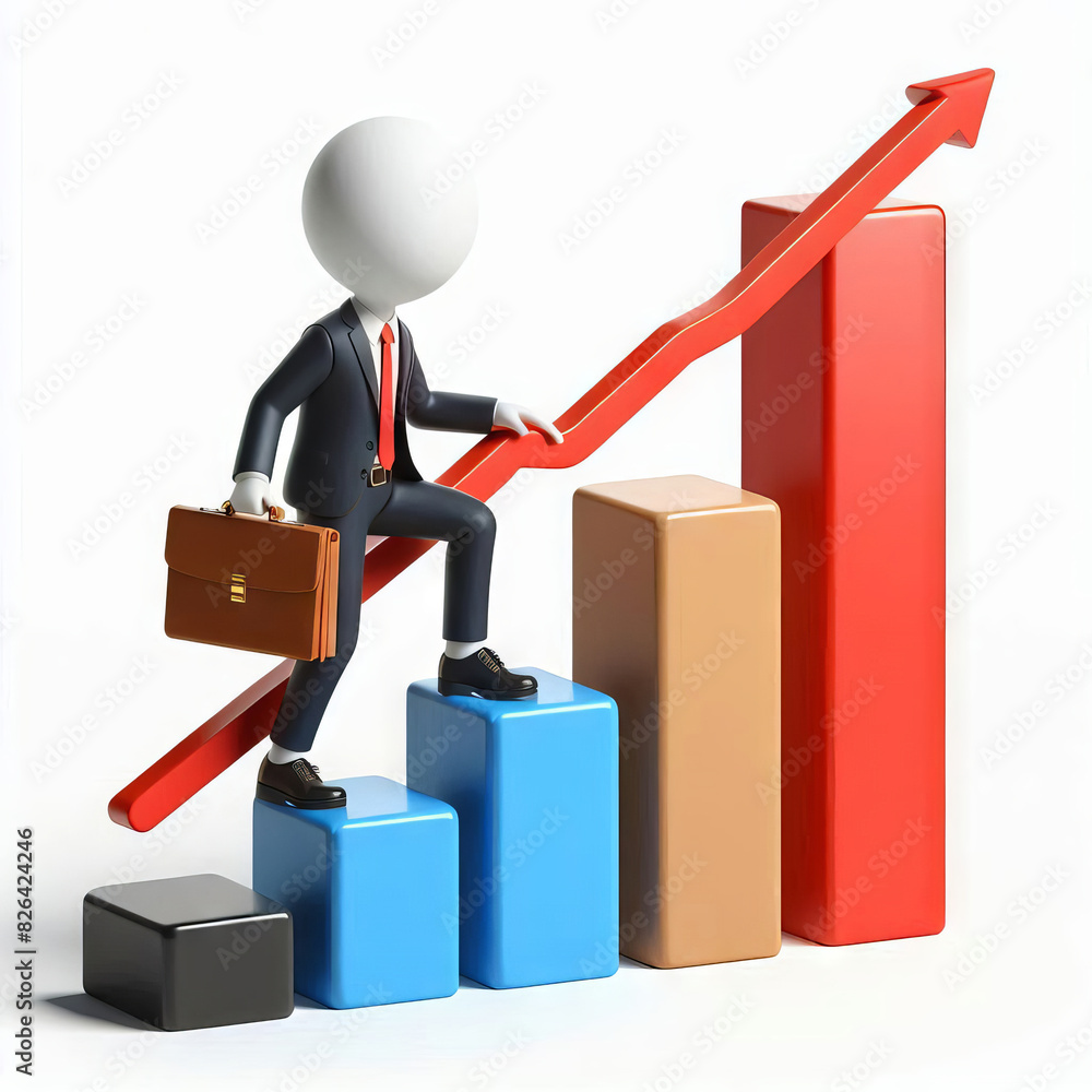 3D cartoon businessman on bar chart 3D cartoon businessman on bar chart
