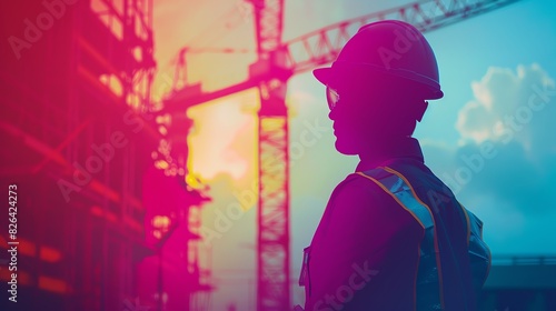 Crane engineer with blueprint close up, focus on, copy space vibrant hues, Double exposure silhouette with construction site