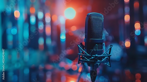 Microphone in recording studio close up, focus on, copy space striking tones, Double exposure silhouette with sound waves photo