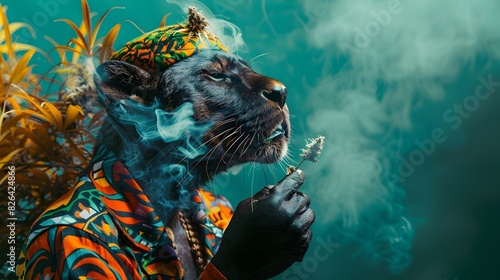 Surreal of Cannabis Infused Panther in Tribal Reggae Attire Enjoying Dabs on Emerald Green Background