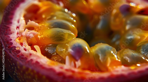 Close-up image of passion fruit. The juicy, translucent pulp and black seeds are visible. photo