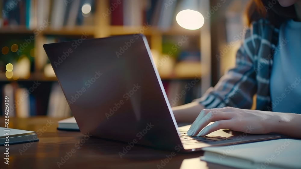 Online learning student using laptop, focused engagement, close up, focus on, modern education theme, realistic, Multilayer, home study space backdrop Online learning student using laptop, focused engagement, close up, focus on, modern education theme, realistic, Multilayer, home study space backdrop