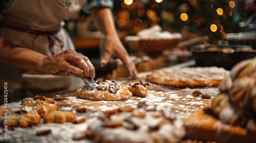 Festive Baking: Depict a kitchen filled with the aroma of holiday baking, with people making cookies, cakes, and pies, highlighting family traditions and the joy of cooking. Festive Baking: Depict a kitchen filled with the aroma of holiday baking, with people making cookies, cakes, and pies, highlighting family traditions and the joy of cooking.