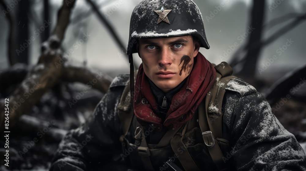 portrait of German soldier on world war 2 battlefield historical combat photography