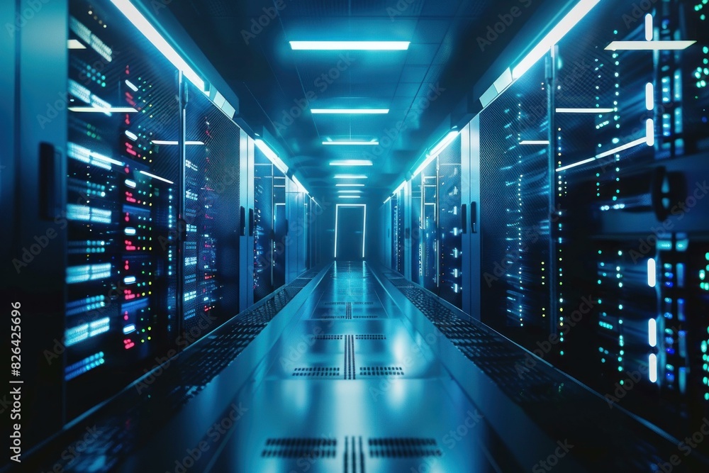 Modern data center with rows of hightech servers illuminated by blue led lights Modern data center with rows of hightech servers illuminated by blue led lights