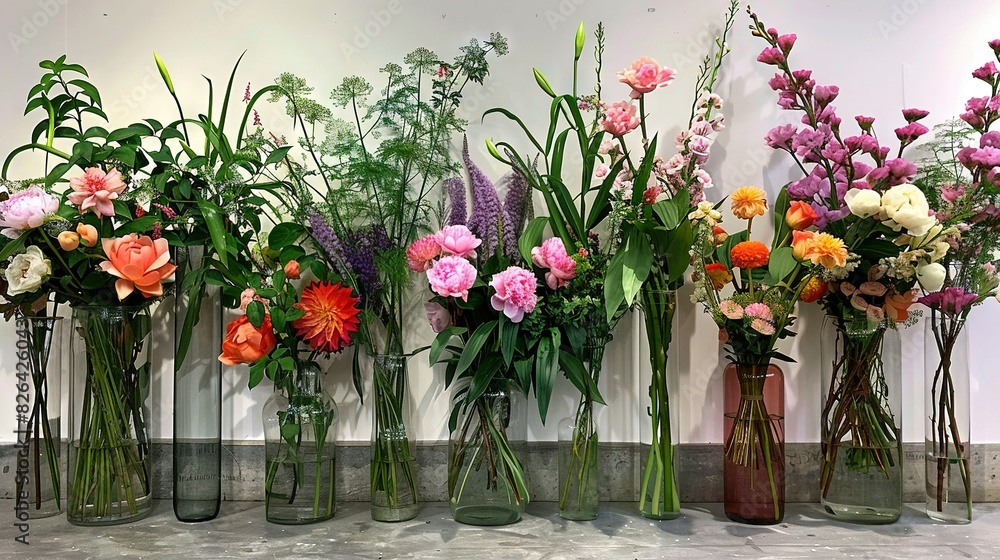 A row of vases filled with various blooms adjacent to a white-walled backdrop A row of vases filled with various blooms adjacent to a white-walled backdrop