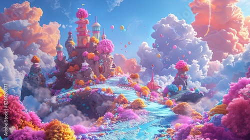 Joyful 3D Rendered Inflatable Amusement Park with Giant Clouds and Bright Colors for Children's Day Celebration Featuring a Huge Number 