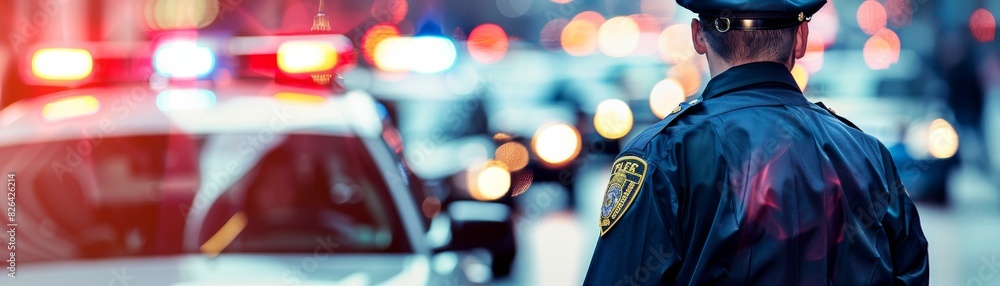 Obraz Police officer in uniform, directing traffic on a busy street, authoritative and vigilant, ideal for law enforcement and public safety themes, isolated white background.