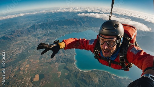 Thrilling Skydiving Adventure Over Scenic Landscape photo
