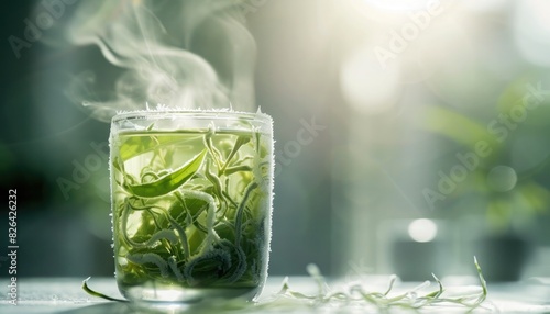 A tumbler of frosted green tea, steam rising delicately as the leaves unfurl in hot water.