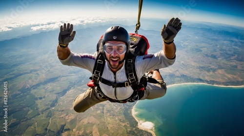 Thrilling Skydiving Adventure Over Scenic Landscape photo
