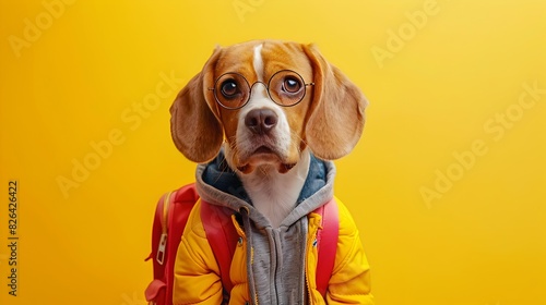 Beagle in Kindergarten Uniform on Vibrant Background © vanilnilnilla
