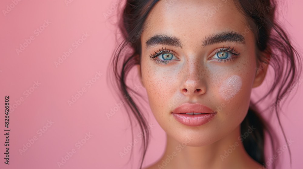 Portrait of beautiful woman. Woman with black hair takes care about skin. Beauty concept. Skin concept. Woman concept. Care concept. Portrait of beautiful woman. Woman with black hair takes care about skin. Beauty concept. Skin concept. Woman concept. Care concept.