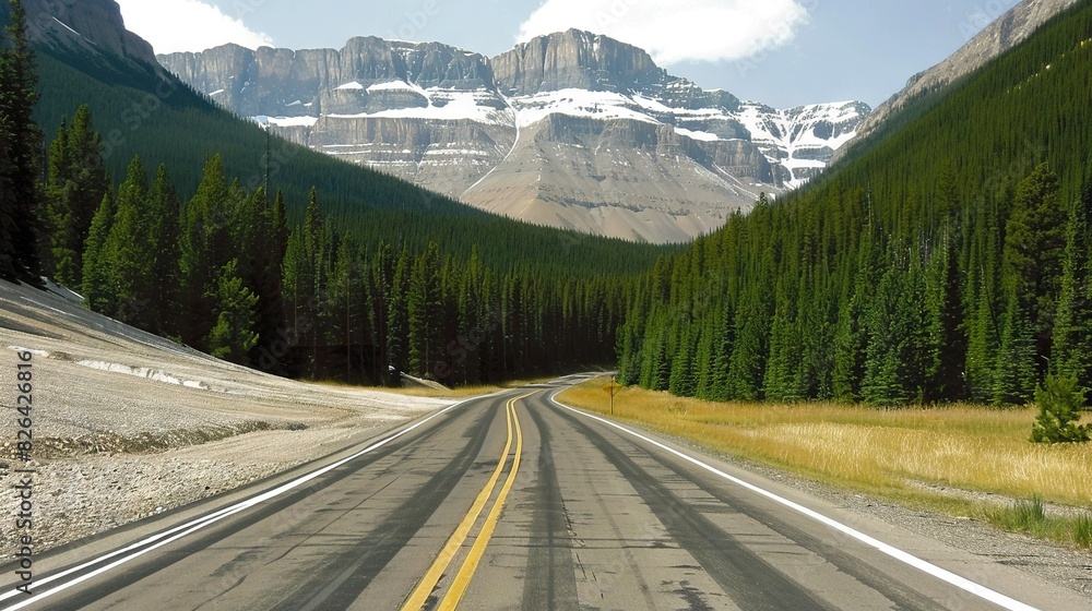   A road nestled between snow-capped peaks and lush forests