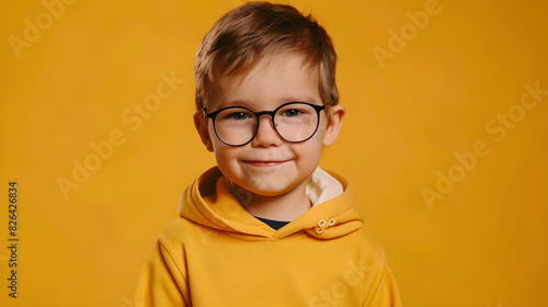 A cheerful little boy wearing glasses against a yellow background, exuding intelligence and confidence.