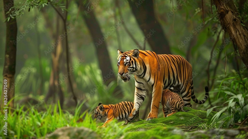 Obraz premium A mother tiger walks with her two cubs through a dense forest of tall grass and leafy trees