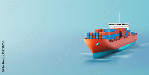 3D cargo ship with containers in the sea. Realistic cargo ship for international trade and goods delivery design concepts. Vector