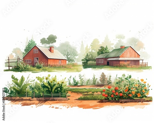 Charming illustration of two rustic barns surrounded by vibrant vegetable gardens and greenery, capturing a peaceful countryside setting. photo