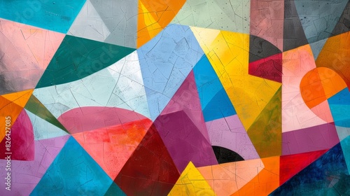 Wide view of a vibrant wall painting featuring a collage of geometric shapes