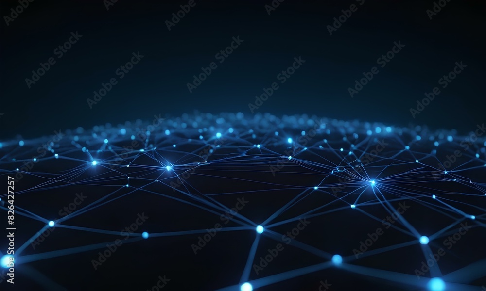 An abstract illustration of blue data flowing through a network of nodes, digital dark background with binary code and AI algorithms running in the background. Concept of web, data, technology etc. An abstract illustration of blue data flowing through a network of nodes, digital dark background with binary code and AI algorithms running in the background. Concept of web, data, technology etc.