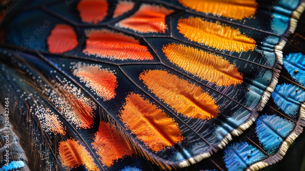 A macro photograph of a butterfly wing, where the scales form intricate patterns and vibrant colors. The image demonstrates grand scale miniature, turning the wing into a vast landscape of abstract A macro photograph of a butterfly wing, where the scales form intricate patterns and vibrant colors. The image demonstrates grand scale miniature, turning the wing into a vast landscape of abstract