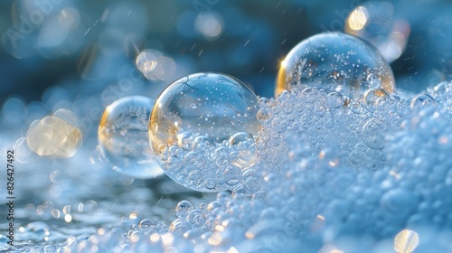 An artistic shot of air bubbles trapped in ice, with each bubble containing complex patterns and reflections. This image portrays the macrocosm in microcosm, with the bubbles acting as tiny worlds