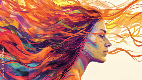 Profile of a woman with flowing colorful hair in abstract digital art. Vibrant and dynamic illustration. Beauty and creativity concept. Design for poster, banner, and wallpaper