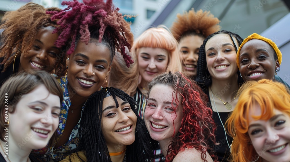A group of diverse women, each with unique hair and , smiling while standing together in an urban setting. The focus is on their expressions as they pose for the camera, showcasing diversity within A group of diverse women, each with unique hair and , smiling while standing together in an urban setting. The focus is on their expressions as they pose for the camera, showcasing diversity within