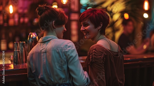 A shorthaired woman with brown hair and her girlfriend, both smiling at each other in the dimly lit bar. The girl has dark red pixie cut hair, wearing an open shirt over jeans. Captured from behind