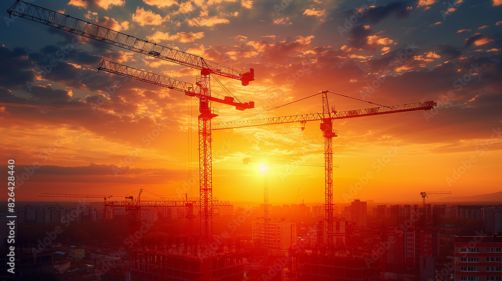Naklejka premium Silhouette of Construction Cranes Against Red Sunset Sky