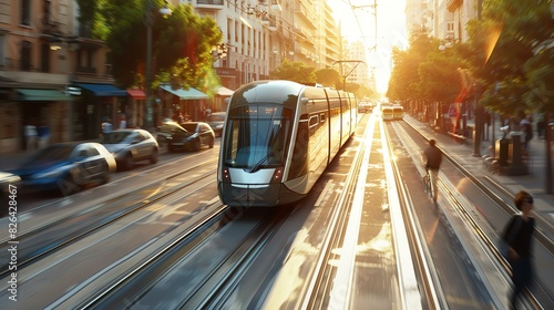 City life with a modern tram. The tram is in focus and there is motion blur on the background. photo