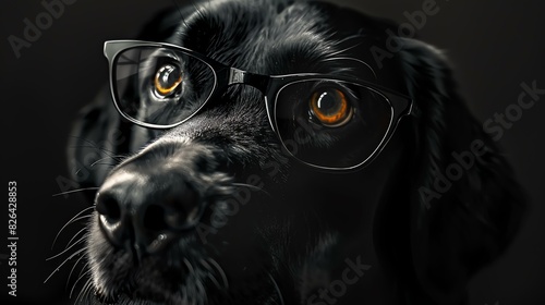 A close-up portrait of a serious-looking black dog wearing horn-rimmed glasses. photo