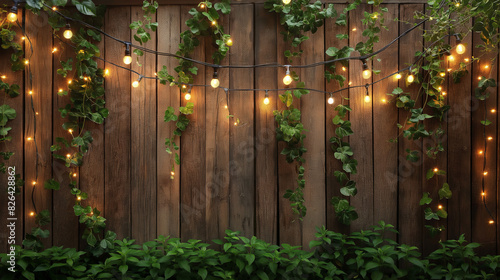 A charming outdoor decor  the image features string lights intertwined with green foliage against a wooden fence backdrop