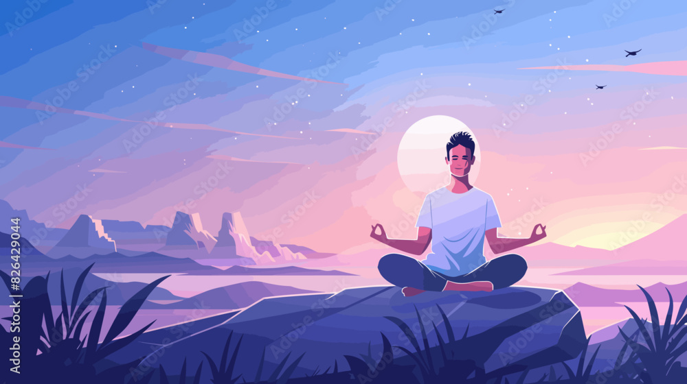 Serene man practicing mindful meditation and yoga, promoting relaxation and well-being at home