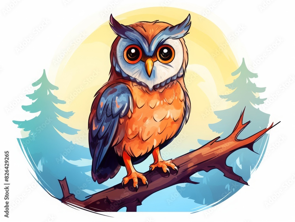 Obraz premium Colorful owl perched branch scenic background trees glowing sun.