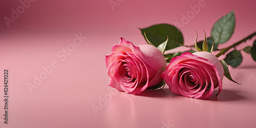 Mother   s Day  Valentine s day  Romantic Scene  8 March   Women s Day concept . A red rose sits on a light pink table. The rose is in full bloom and has velvety petals.