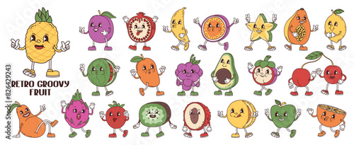 Retro groovy anthropomorphic cartoon fruits. Funny characters berries and fruits in trendy style. Vector stickers collection.