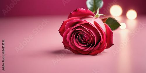 Mother   s Day  Valentine s day  Romantic Scene  8 March   Women s Day concept . A red rose sits on a light pink table. The rose is in full bloom and has velvety petals.
