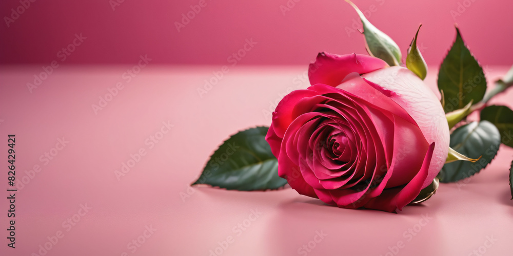 Mother’s Day, Valentine's day, Romantic Scene, 8 March , Women's Day concept . A red rose sits on a light pink table. The rose is in full bloom and has velvety petals. Mother’s Day, Valentine's day, Romantic Scene, 8 March , Women's Day concept . A red rose sits on a light pink table. The rose is in full bloom and has velvety petals.