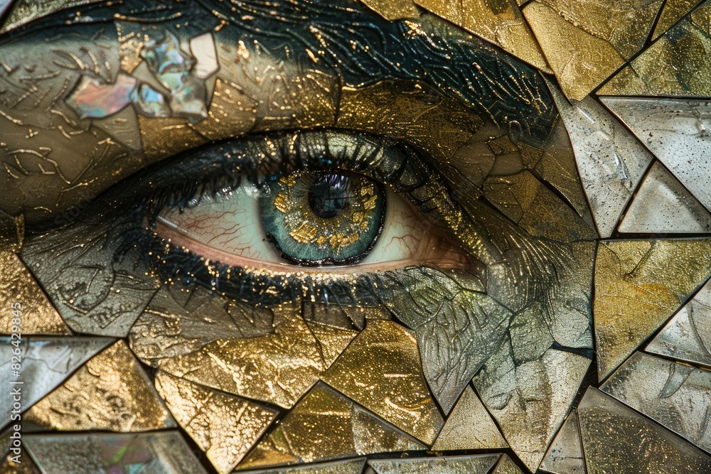Exquisite and intricate closeup textured art of a mystical gilded eye with abstract and creative elements, captured through macro photography